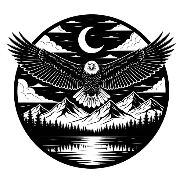 Görkemli kartal Hilal Ay 'ın altında, dağların üzerinde süzülüyor vahşi yaşam sahnesi