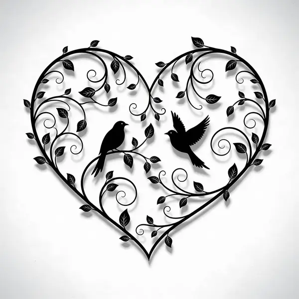 Kuşlar ve çiçeklerle süslü zarif kalp şeklinde metal sanat romantik dekoratif elementler.