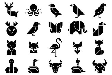 Asgari Geometrik Hayvan Vektör Simgeleri Modern Siyah Siluet Vahşi Yaşam Tasarım Koleksiyonunu Ayarla