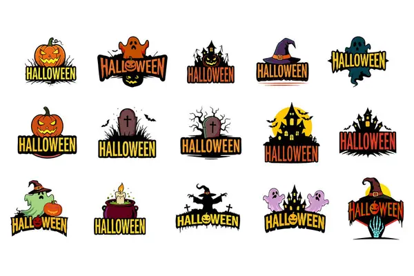 Cadılar Bayramı Vektörü Logo Koleksiyonu Ürkütücü Balkabakları, Perili Evler, Cadılar, Hayaletler ve Mezarlık Çizimleri