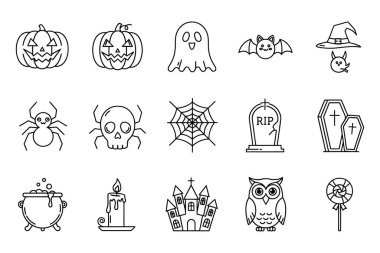 Cadılar Bayramı Taslak Vektör Simgeleri Balkabağı, Hayalet, Yarasa, Kafatası, Örümcek, Kale, Tombstone, Cadı Kazanı
