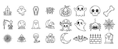 Şirin Cadılar Bayramı Sanat Simgeleri: Ürkütücü Kawaii Hayaleti ve Kabak Taslak Vektörü