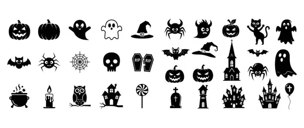 Cadılar Bayramı Vektörü Siluet Simgeleri, Balkabakları, Hayaletler, Yarasalar, Cadılar, Perili Ev, Ürkütücü Semboller