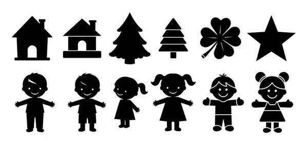 Siyah Siluet Vektör Kümesi: İnsanlar, Evler, Ağaçlar, Yonca ve Tatil, Çocuklar ve Doğa Teması İçin Basit Simgeler