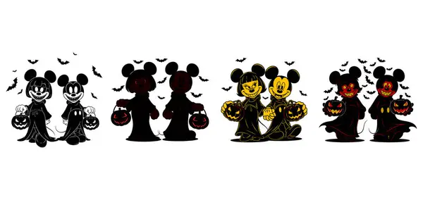 Balkabağı Kafalı Çizgi Film Cadılar Bayramı Karakterleri ve Şeker Kovası Vektör İllüstrasyonu