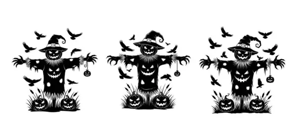 Korkunç Cadılar Bayramı Korkuluk Vektörü Kabaklar, Yarasalar ve Hayaletli Elementler