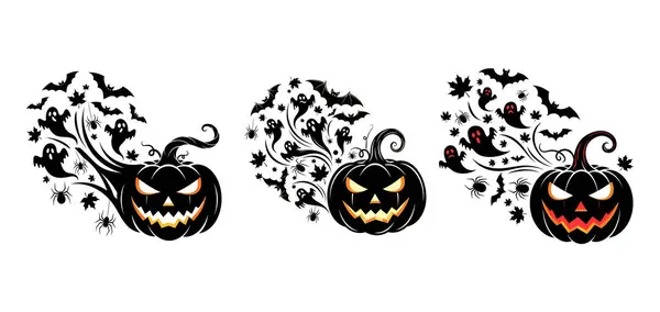 Cadılar Bayramı Balkabağı Vektörü Seti Korkunç Yüzler, Hayaletler, Yarasalar ve Dekoratif Elementler