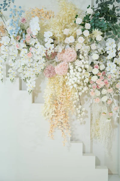 Esküvő Háttér Esküvő Virág Dekoráció Rózsa Fal Színes Háttér Friss — Stock Fotó