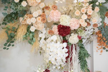 düğün çiçeği arkaplanı, renkli arka plan, taze gül, bir demet flowe