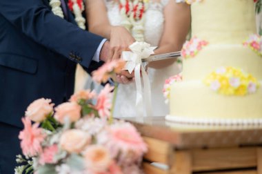 Pasta düğünü, çift el sıkışması, kutlama.