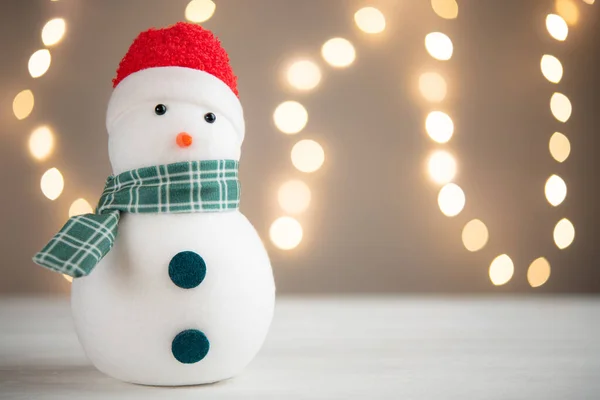Pupazzo Neve Decorazione Natale Luci Led Bianchi Bokeh Sfondo Arredo — Foto Stock