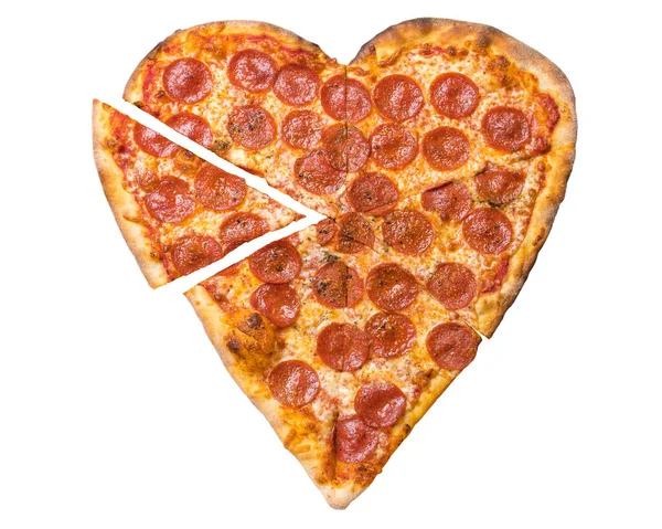 Heart Pizza. Heart shaped pizza. Happy St. Valentine\'s day. Love symbol. Classic thin crust pizza with mozzarella cheese and pepperoni. American and Italian fast food. White isolated background.