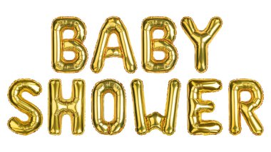 BABY SHOWER. Word baby shower. Yellow Gold foil helium balloon. Balloons decoration for celebrate baby shower party of gift giving ceremony. English Alphabet Letters. Isolated white background.