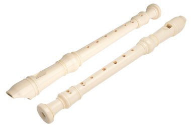 Recorder instrument. Soprano recorder, German fingering. Flute pipe. Classical music instrument for school student education. Learn melody. Flutist concert. High resolution. White Isolated background.