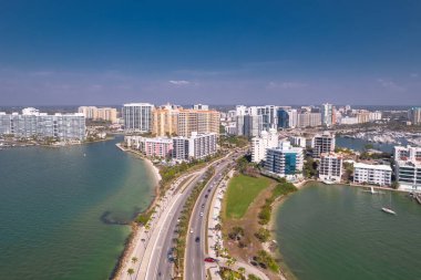 Panorama of City Sarasota FL. Beautiful beaches in Florida. Spring Break or summer vacations in Florida. Beautiful View on Hotels and Resorts on Island. America USA. Gulf of Mexico. Aerial travels photo.