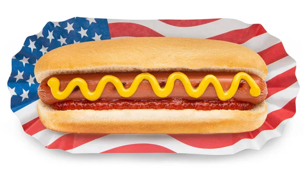 Hot Dog Hot Dog Auf Amerikanischer Oder Amerikanischer Flagge Klassisches — Stockfoto