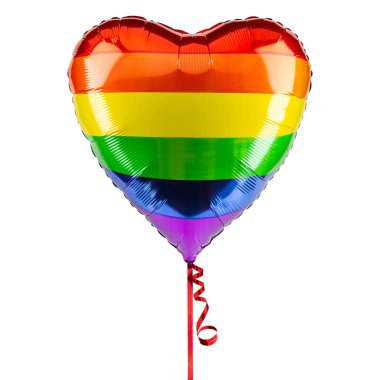 Kalp Balonu. Gökkuşağı renkli helyum balonu. Aşk eşcinsellerinin ve lezbiyenlerin gökkuşağı sembolü LGBT, LGBTQ. Yıldönümü düğünü ve doğum gününü kutlamak için iyi. Sevgililer günün kutlu olsun. Parti Dekorasyonu