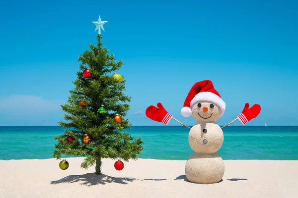 海滩上的圣诞树和雪人 雪人圣诞快乐 新年快乐 在佛罗里达州迈阿密海滩度假 装饰的圣诞树或冷杉树 热带自然 — 图库照片