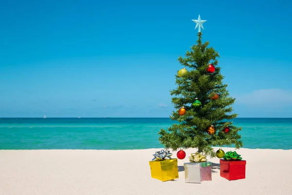 Albero Natale Sulla Spiaggia Buon Natale Ciao Confezione Regalo Presente Foto Stock Royalty Free