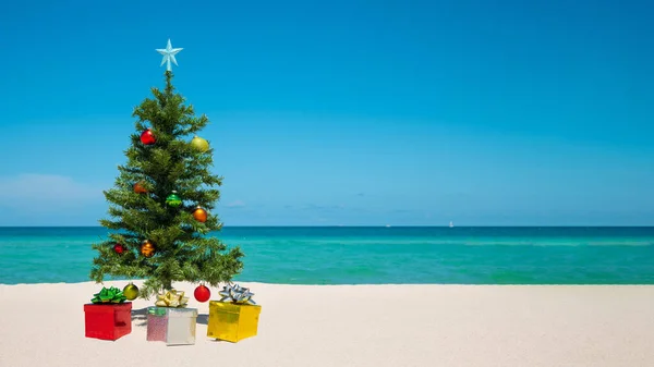 Kerstboom Het Strand Vrolijk Kerstfeest Cadeaudoosje Gelukkig Nieuwjaar Wintervakantie Miami — Stockfoto
