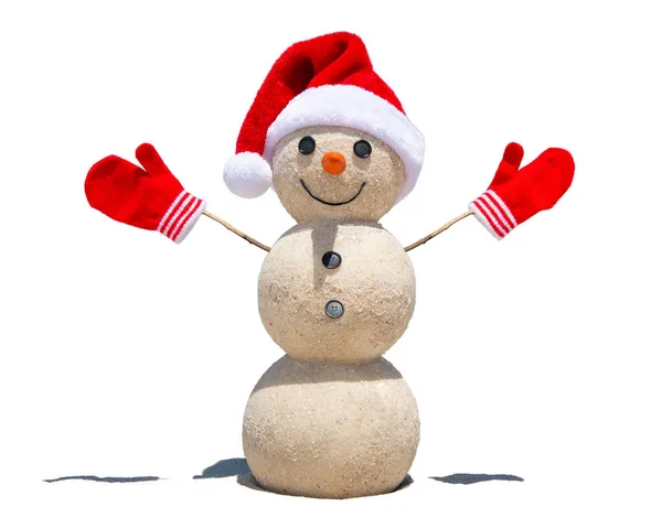 雪人沙地雪人是由沙地雪球做成的 圣诞雪人 戴着红色的圣诞老人帽和手套 笑笑雪人 没有雪的寒假 新年快乐 圣诞节明信片 佛罗里达假期 — 图库照片