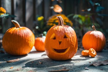 Cadılar Bayramı. Fener suratlı mutlu Jack. Cadılar Bayramı partisinde balkabağı. Gülümseyen Jack-o 'Lantern. Ev için dekorasyon fikri, cadılar bayramında ev. Sonbahar ya da sonbahar mevsimi. Arka planda tahta çit var. Güneşli bir gün