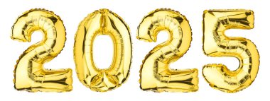Yeni yıl 2025 kutlaması. Helyum balonu. Altın sarısı folyo rengi. Numara 2, 5, 5, 0. Parti için iyi, tebrik kartı, reklamcılık, yıldönümü. İzole edilmiş beyaz arka plan. Yüksek çözünürlük