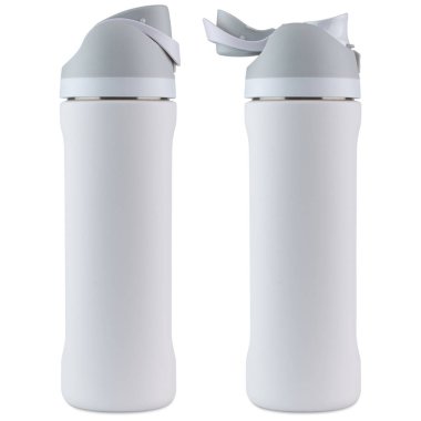 Su şişesi ya da bardak. Yeniden kullanılabilir seyahat, içmek için spor kupası. Basit modern klasik yalıtımlı kapaklı taklacı. Paslanmaz çelik şişe. Buzlu kahve ve çay için termos kupası. İzole edilmiş arkaplan