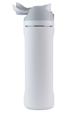 Su şişesi ya da bardak. Yeniden kullanılabilir seyahat, içmek için spor kupası. Basit modern klasik yalıtımlı kapaklı taklacı. Paslanmaz çelik şişe. Buzlu kahve ve çay için termos kupası. İzole edilmiş arkaplan