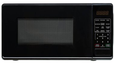 Mikrodalga fırın. Yemeği, içeceği, öğle yemeğini, buzu çözmeyi, yemeği ısıtmak için siyah mikrodalga fırın. Elektrikli mutfak aletleri. Ev için yeni ekipman. İzole Arkaplan