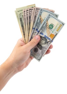 Amerikan doları banknotları. Erkek el ele tutuşan para yığını. Kira için nakit, kredi ödemesi. 100 dolar ya da 100 dolar. Amerika Birleşik Devletleri. Banka finansmanı. İzole edilmiş arkaplan 