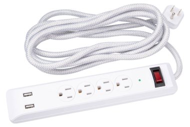 Güç şeridi. 4 prizli dalga koruyucusu, 2 USB port A sınıfı 5V 2.1A. Uzatılmış elektrik kablosu. Beyaz örülmüş kablo, düz fiş. Wall Mount, ev, ofis, yurt için masaüstü şarj istasyonu.
