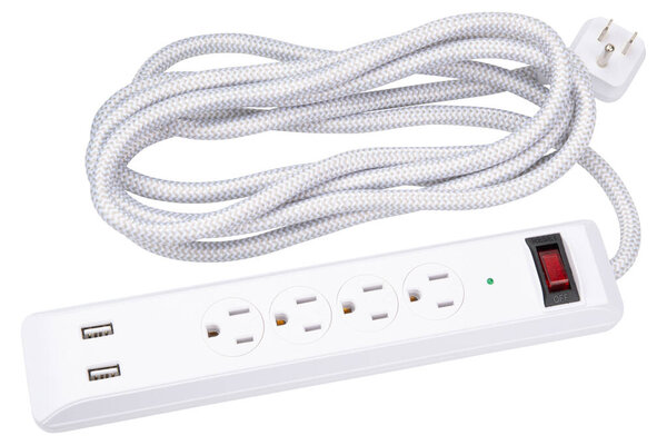 Power strip. Surge protector with 4 Outlets, 2 USB Ports type A class 5V 2.1A. Extension electric cord. White braided cord, with flat plug. Wall Mount, desktop charging station for home, office, dorm.