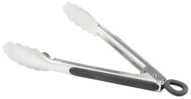 Tongs. Cooking kitchen tongs with soft-grip silicone handles. Durable stainless steel tongs with locking for cooking. Tongs with silicone rubber grips and metal tips for BBQ. Kitchenware for kitchen clipart