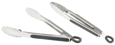 Tongs. Cooking kitchen tongs with soft-grip silicone handles. Durable stainless steel tongs with locking for cooking. Tongs with silicone rubber grips and metal tips for BBQ. Kitchenware for kitchen clipart