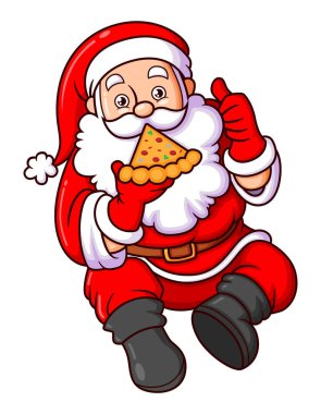 Aç Noel Baba lezzetli pizzalar yiyor ve resimden bir parmak kaldırıyor.