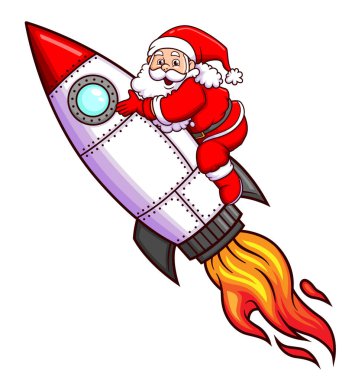 Mutlu Noel Baba gökyüzünde büyük bir turbo roketle uçuyor.