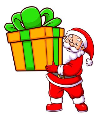 Mutlu Noel Baba kilisenin illüstrasyon hediyesi için büyük bir hediye tutuyor.