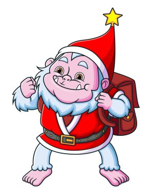 Noel Baba kostümlü mutlu Yeti cücesi illüstrasyonun Noel 'ini kutlamak için çantayı tutuyor.