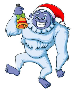 Şirin koca yeti Noel çanlarıyla oynuyor ve mutlu bir resimle gülümsüyor.