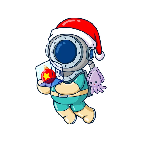 Plongeur Porte Une Boule Noël Dans Une Boîte Cristal Gel — Image vectorielle