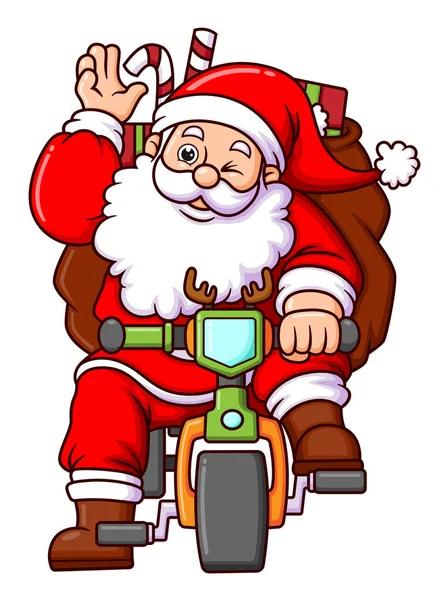 Stary Święty Mikołaj Jeździ Rowerze Dostarczyć Pudełka Prezentami Witając Ilustrację — Wektor stockowy