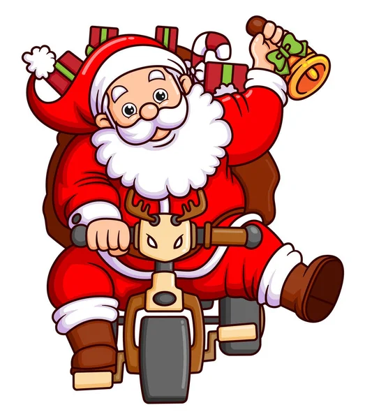 Der Weihnachtsmann Liefert Geschenkboxen Auf Einem Fahrrad Aus Während Einer — Stockvektor