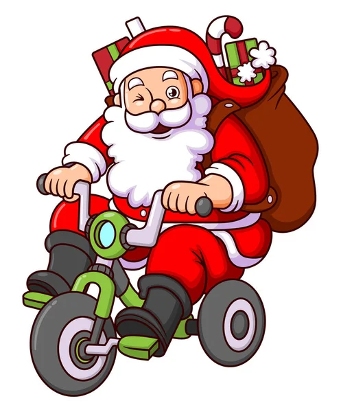Słodki Święty Mikołaj Jeździ Rowerze Niesie Prezenty Mrugając Ilustracją — Wektor stockowy