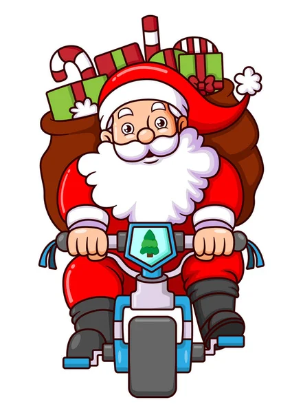 Święty Mikołaj Jeździ Rowerze Śniegu Niosąc Pudełka Prezentami Ilustracji — Wektor stockowy
