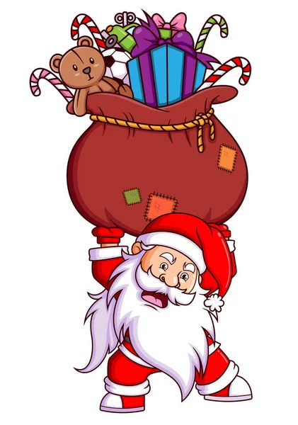 Anão Papai Noel Está Segurando Grande Saco Cheio Dos Desejos — Vetor de Stock