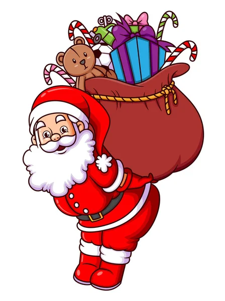 Άγιος Βασίλης Κρατάει Μεγάλο Χριστουγεννιάτικο Δώρο Για Παιδιά Της Εικονογράφησης — Διανυσματικό Αρχείο
