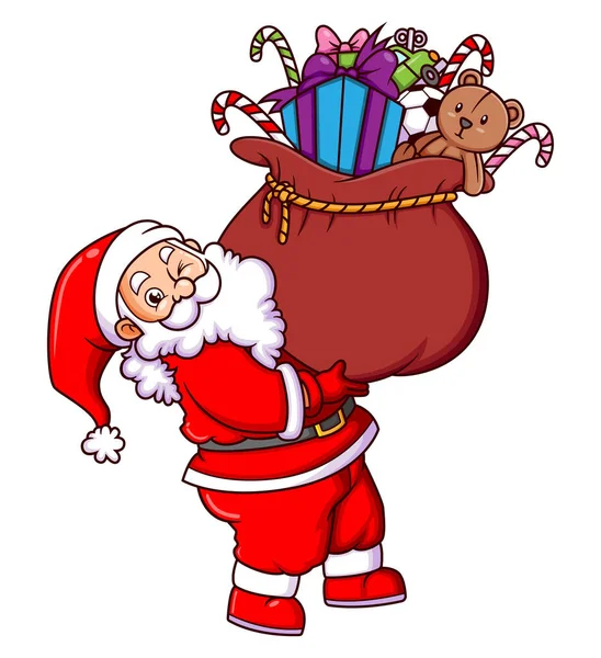 Feliz Papai Noel Está Segurando Grande Saco Presente Doces Para — Vetor de Stock