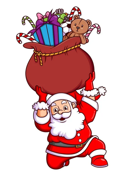 Санта Клаус Поднимает Мешок Подарком Конфеткой Детей Иллюстрации — стоковый вектор