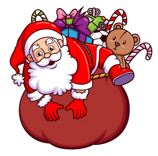 Šťastný Santa Claus Vyšel Mnoha Vánočních Dárků Ilustrace — Stockový vektor